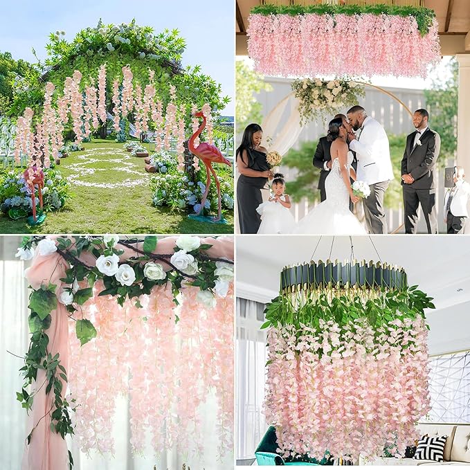 Wisteria Hanging Flowers 12 Pack Artificial Flowers Fake Wisteria Vine Rattan Hanging Garland Silk Flowers String for Party Home Wall Greenery Wedding Decor (Light Pink)