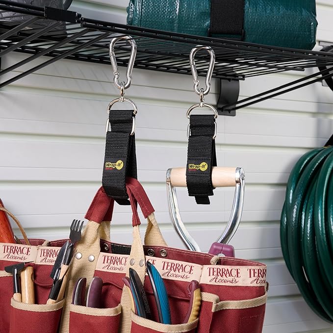 Hook 'n Hang Wrap-It Storage Straps - 12" (2-Pack) Black - Carabiner Straps for Cord Storage or Garden Hose Holder