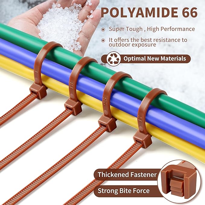200pcs Brown Zip Ties, 12+10+8+4 Inch Heavy Duty Cable Ties with 55-22lb Strength, PA66 Self-Locking Nylon Wire Ties for Christmas Farming Fence Garden Trellis, UV Resistant