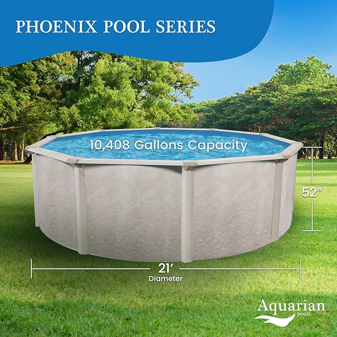 Aquarian Phoenix 21 Foot Round x 52 Inch Deep Steel Frame Above Ground Swimming Pool Set with Sand Filter, Pump, Ladder, Pool Liner, and Skimmer