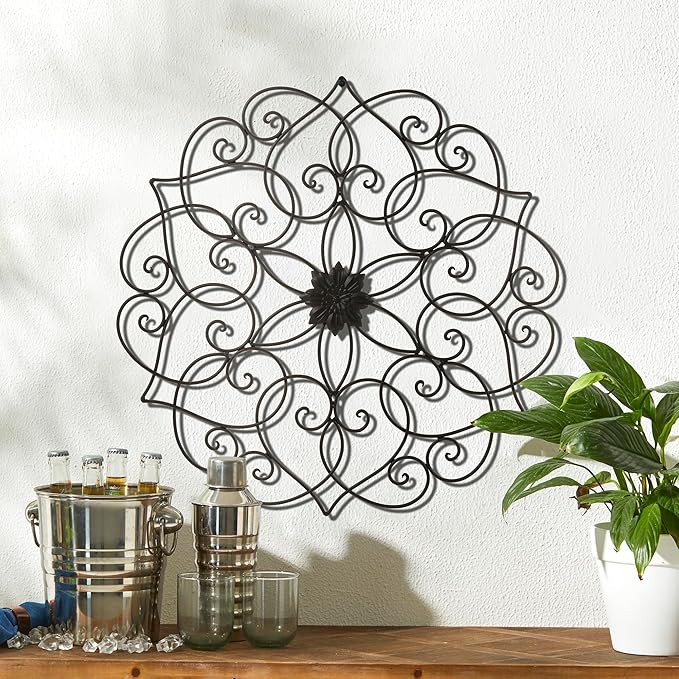 Glitzhome Black Metal Wall Art Decor, 23”H Floral Iron Wall Decor with Ornamental Scroll Design, Indoor Outdoor Wall Accent for Garden Porch Patio