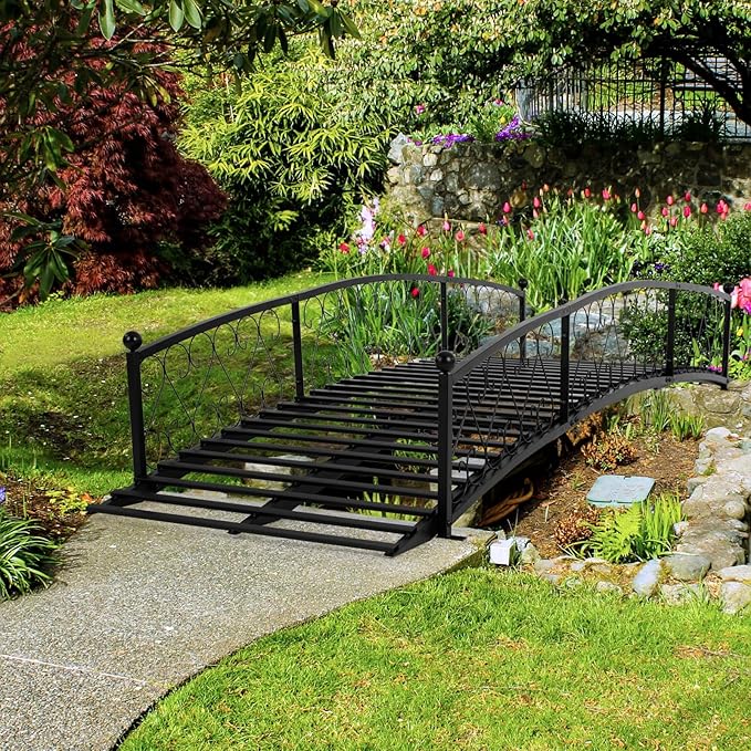 8 FT Metal Garden Bridge - Arc Footbridge with Siderails Extra Long Metal Bridges for Outdoor, Patio, Creek, Stream, Pond, Black
