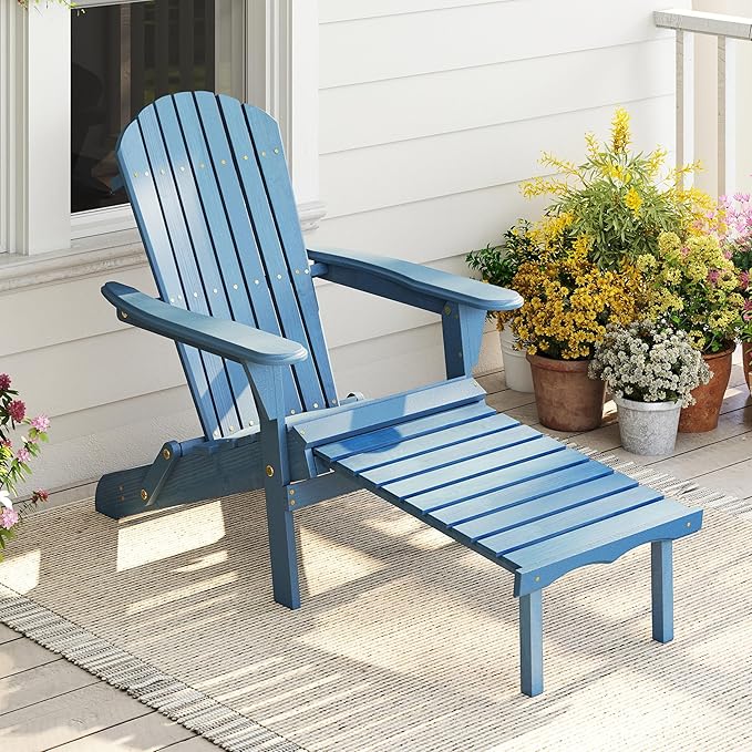 Outdoor Wooden Folding Adirondack Chair with Retractable Ottoman, Wood Patio Chair with Footrest for Garden Backyard Porch Pool Deck Firepit