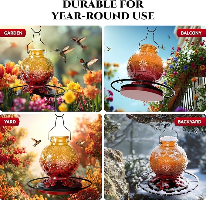 Glass Hummingbird Feeder for Outdoors, 25Oz Large Decorative Hanging Hummingbird Feeder, Leak Proof Durable Wild Bird Feeders, Hummingbird Gifts for Women & Mom, Garden Decor Window Feeder, Orange