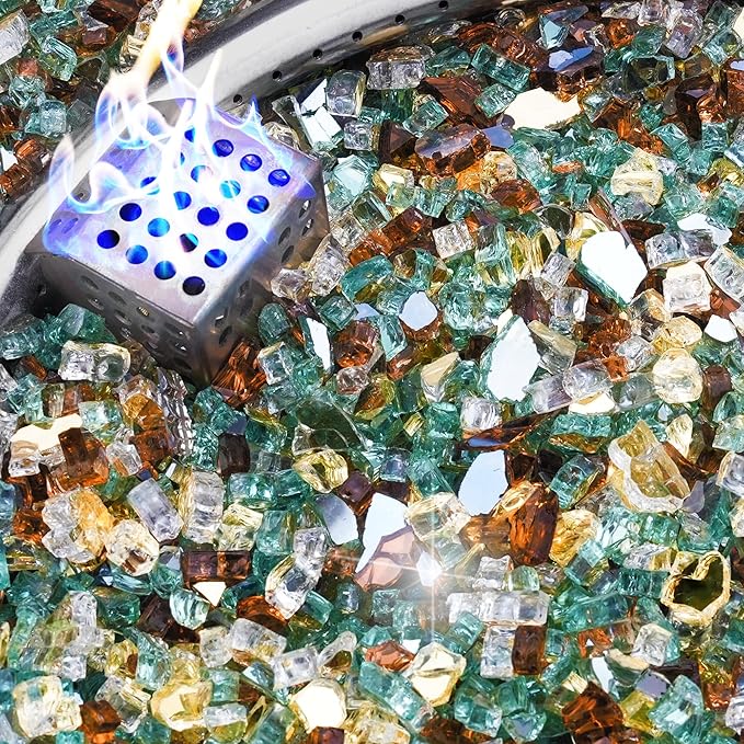 NUPICK 10 Pound Fire Glass, 1/4 Inch Reflective Fire Pit Glass, Tempered Firepit Glass Rock for Propane or Natural Gas, Glass Rocks for Fire Pit Table or Fireplace, Gold & Green & Copper Mix