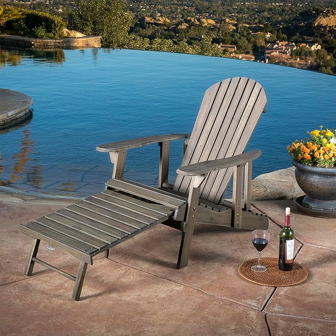 Merax Folding Adjustable Acacia Wood Adirondack Chairs, Water Proof with Retractable Ottoman Outdoor Wooden Lounge Reclining Chair for Garden, Patio, Gray