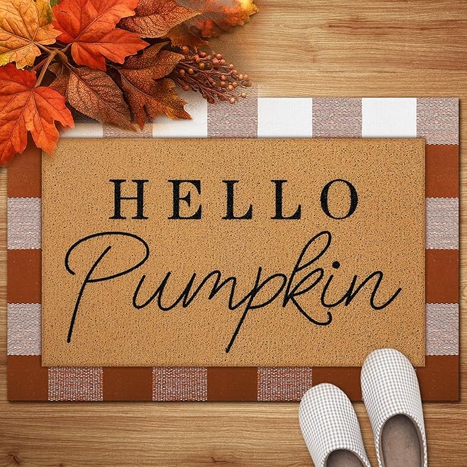 Tinideya 2 Pcs Fall Door Mat Hello Pumpkin Welcome Non Slip Coir Mats Thanksgiving Black White Plaid Harvest Floor Layering Doormats Seasonal for Front Porch Entryway Decor(Brown White Plaid)