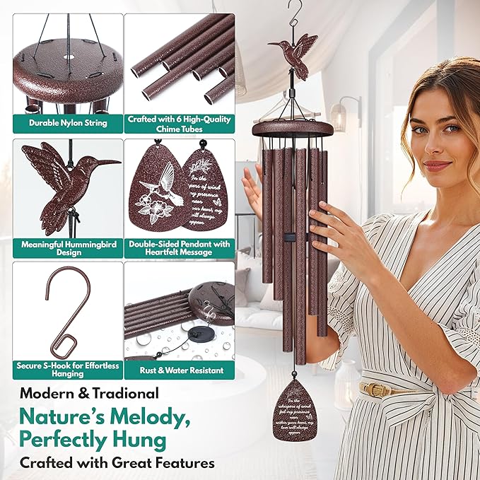 Hummingbird Memorial Wind Chimes for Loss of Loved One - 35" Long Sympathy Wind Chimes for Outside, Bereavement, Remembrance, Funeral Gift for Mother, Dad, Husband, Son & Sister