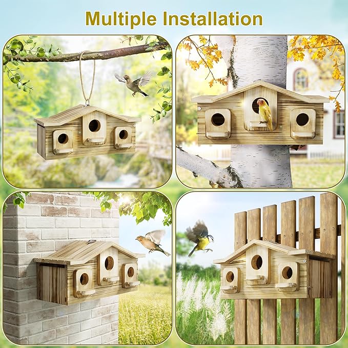 Auslar Bird House, Bird Houses for Outside for 3 Bird Families, Wooden Birdhouse for Outdoors, 3 Hole Hanging Bluebird House for Cardinals Finch Wren Swallow for Garden Viewing