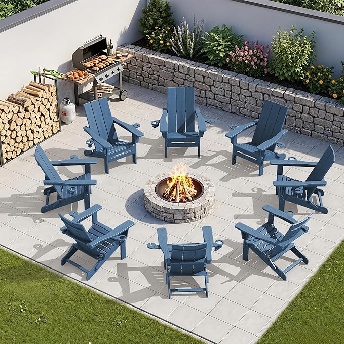 SERWALL Modern Folding Adirondack Chair Set of 4, HDPE Weather Resistant Outdoor Adirondack Chair with Dual Cup Holders, Patio Lawn Garden Chairs, Blue