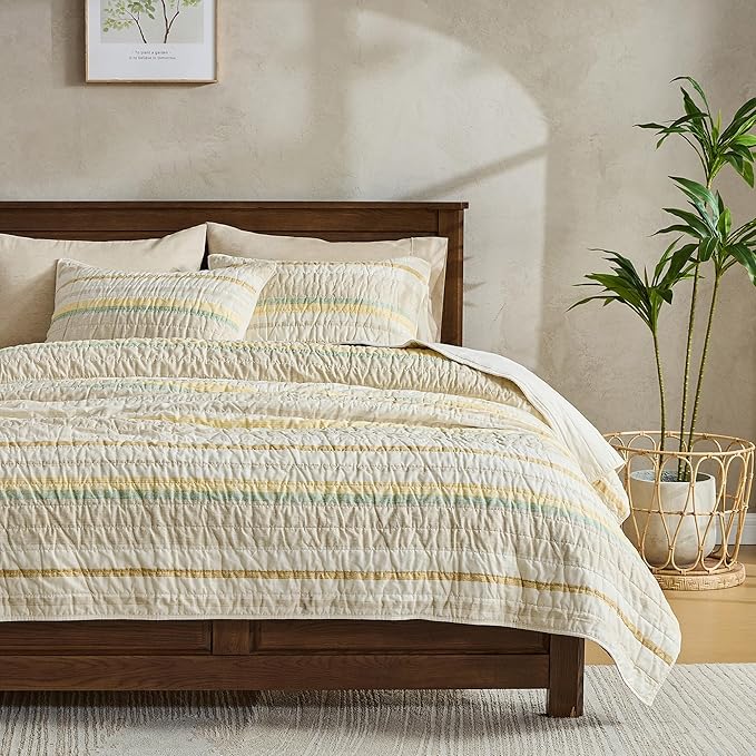 Wonderful 100% Cotton Quilt Set King Size Fall Bedding Set Natural Dyed, Cozy & Breathable Striped Coverlet, Soft Pre-Washed Bedspread with Shams (Light Yellow/Green Stripe)