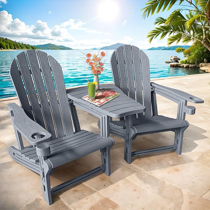HDPE Adirondack Chairs Set of 2, All-Weather Patio Chairs,Wooden Textured Lawn Chair for Garden,Poolside, Backyard, Deck, Fire Pit,Grey