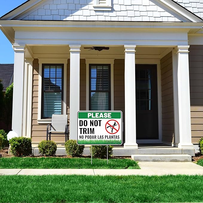 2PC Do Not Trim Signs in English and Spanish with Stakes, 12 Inches by 9 Inches - Corrugated Plastic - Bilingual Do Not Trim Garden Signs