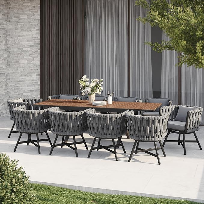 Grand patio 11-Piece Outdoor Dining Set for 10, Patio Dining Furniture Set for 10 Swivel Rope Wicker Chairs & 1 Extendable Rectangular Dining Table, Dark Grey