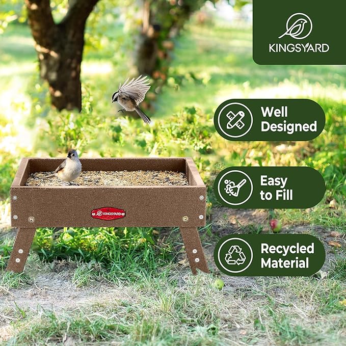 Kingsyard Ground Bird Feeder for Outdoors - Recycled Plastic Platform Feeder for Wild Birds, Squirrels, Chicken, 5 LBS Large Capacity, Brown