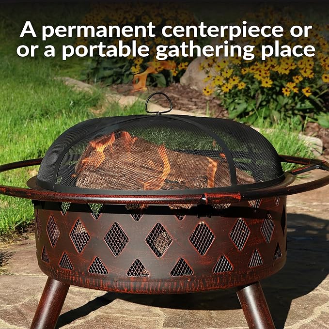 Sunnydaze Crossweave Outdoor Fire Pit - Wood-Burning Fire Pit for Outside with Spark Screen, Poker and Round Cover - 30-Inch - Bronze