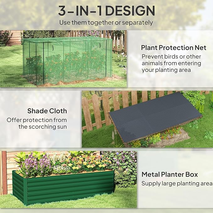 Outsunny 7.3 x 3.4 x 2 ft Galvanized Raised Garden Bed with Crop Cage Plant Protection Net and Shade Cloth Roof, Metal Planter Box with Cover for Vegetables, Flowers, Herbs, Green