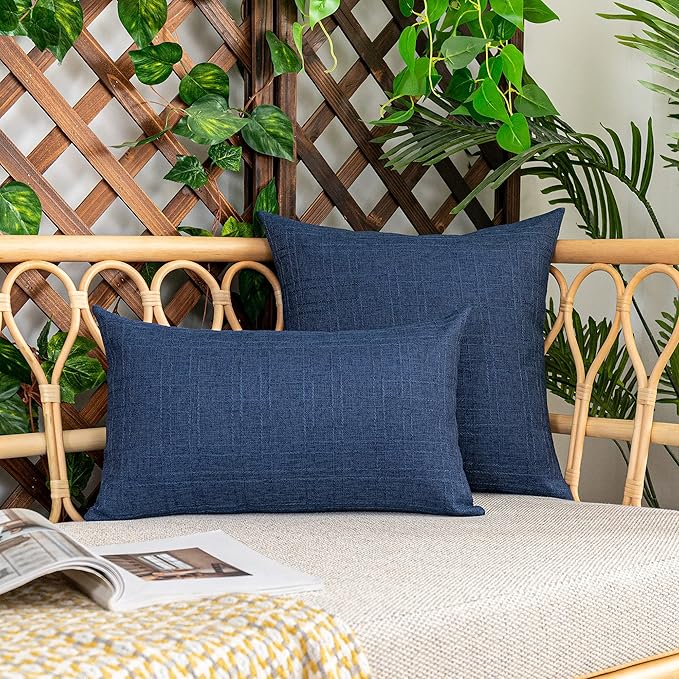 Kevin Textile Outdoor Waterproof Lumbar Pillow Covers 12x24 Inch Pack of 2 Checkered Decorative Rectangle Cushion Throw Pillowcases Shell for Patio Tent Garden Couch Bed Sofa Blue