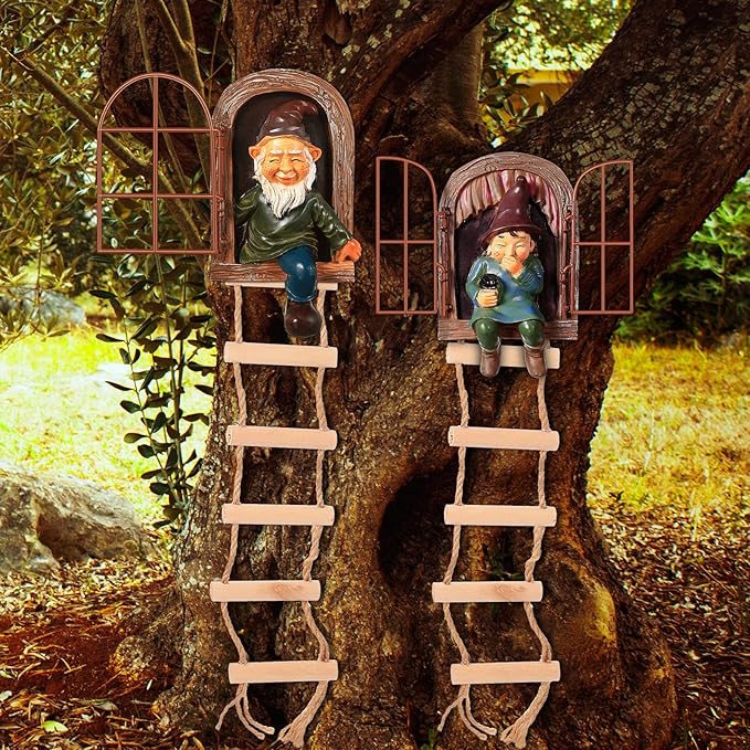Thyle 4 Pieces Garden Gnomes Outdoor Tree Hugger Gnome Fairy Statue Elf Out The Door Resin Figurine Hanging Ladder Decoration Tree Faces Decor Outdoor for Patio Yard Lawn(Rustic Style)
