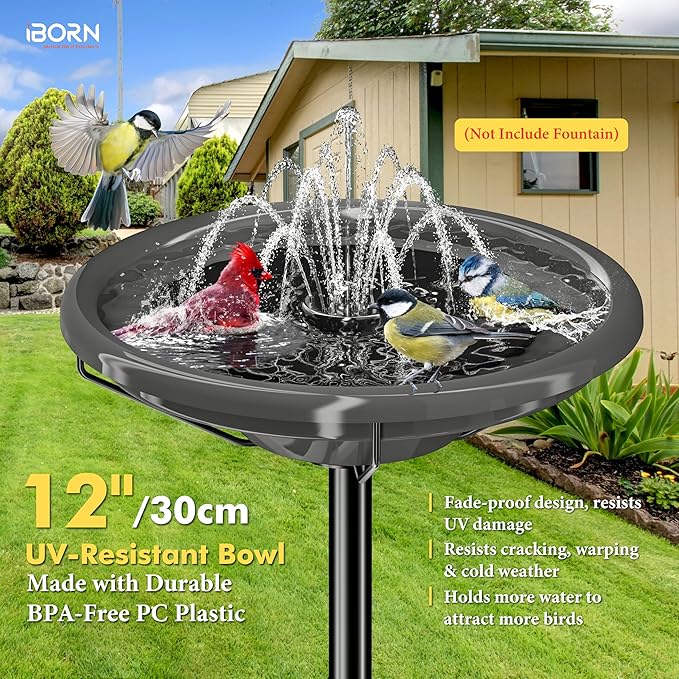 iBorn Bird Bath for Outside,36″ Freestanding Bird Bath with 3 Adjustable Height Pole,12″ BPA-Free Plastic Bowl,5-Prongs Base,Metal Pole and Plastic Birds Baths Bowl,Gray,1 Pack（Not Include Fountain）