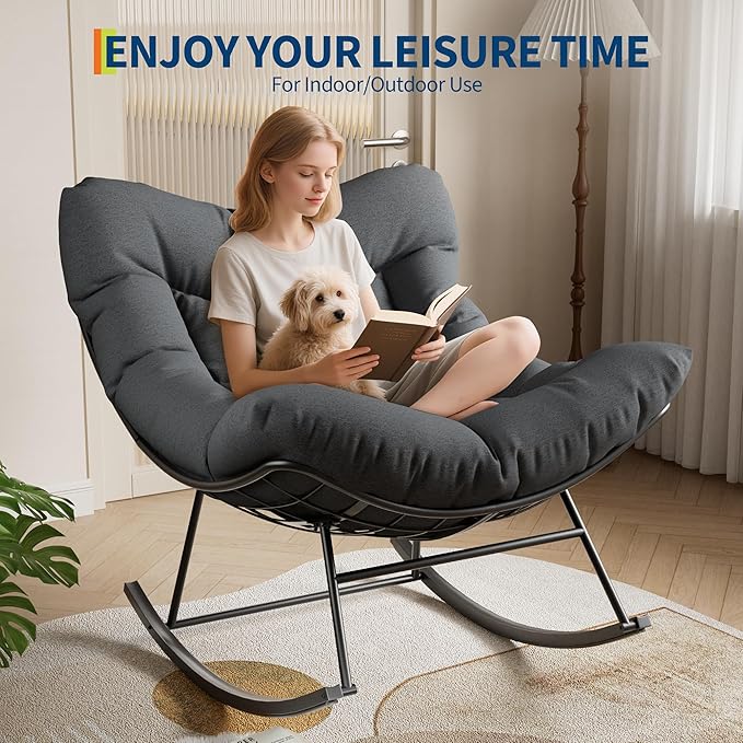 GarveeLife Outdoor Papasan Rocking Chair, Oversized Rocking Chair with Sturdy Metal Frame, Patio Rattan Egg Rocker for Balcony Backyard Porch Bedroom, Grey