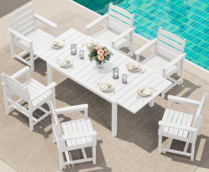SERWALL 7-Piece Patio Dining Sets, 60" - 83" Expandable Outdoor Dining Table and 6 HDPE Chairs, All Weather HDPE Outdoor Furniture Set for Backyard, Garden, White