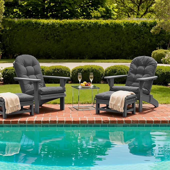 Adirondack Chair Cushion with Ottoman, Folding Adjustable Adirondack Seat Cushions, Waterproof Adirondack Patio Chair Pads for Garden, Deck, or Poolside, Large-Dark Grey-1