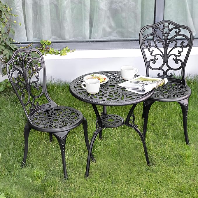 NUU GARDEN 3 Piece Bistro Set Outdoor, All Weather Cast Aluminum Patio Bistro Sets Patio Table and Chairs Set of 2 with Umbrella Hole for Yard, Balcony, Black, Butterfly Backrest