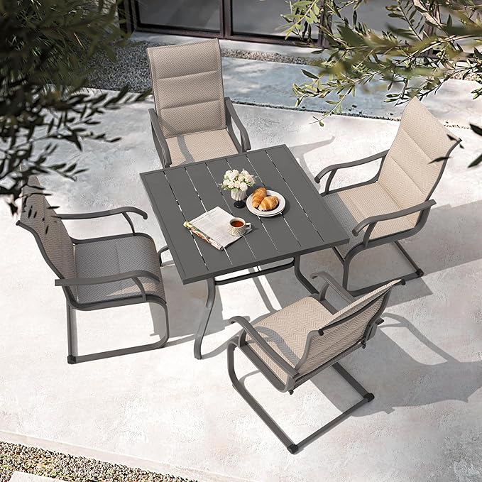 NUU GARDEN Patio Dining Chair Set of 4, Comfortable Outdoor Dining Chairs for Indoors and Outdoors, Breathable Textilene Spring Motion Outdoor Patio Chairs for Backyard Deck, Grayish Beige