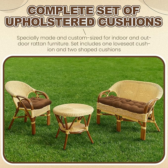 Barydat 3 Pack Wicker Furniture Cushions Waterproof Outdoor/Indoor Tufted Wicker Chair Cushions 1 Loveseat and 2 U-Shape Rattan Chairs for Patio Furniture, Rattan Love Seat, Bench(Brown)