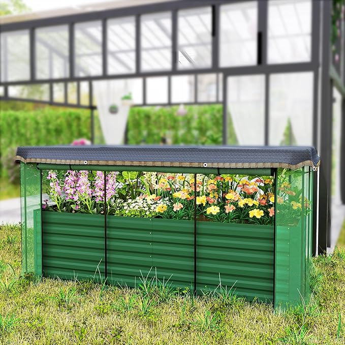 Outsunny 7.3 x 3.4 x 2 ft Galvanized Raised Garden Bed with Crop Cage Plant Protection Net and Shade Cloth Roof, Metal Planter Box with Cover for Vegetables, Flowers, Herbs, Green