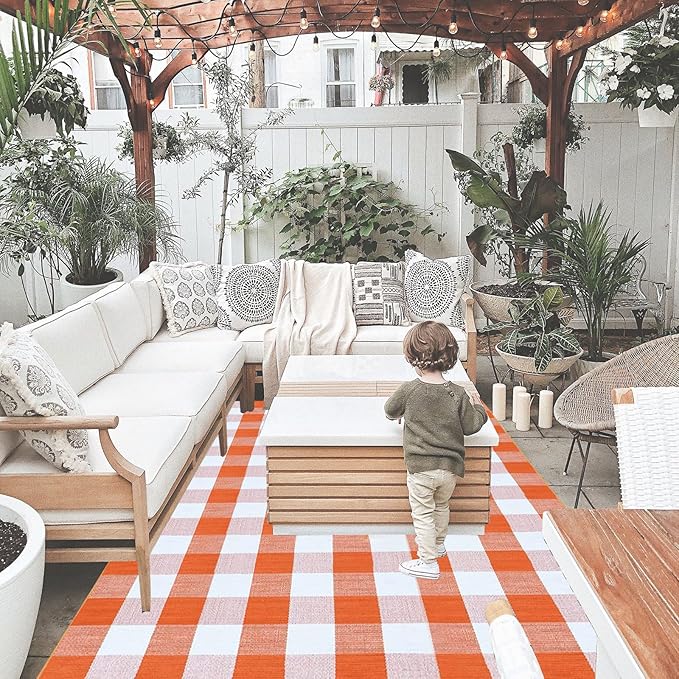 Fall Outdoor Rug Orange Buffalo Plaid Outdoor Rug Cotton Hand-Woven Buffalo Check Rug Layered Doormats for Front Door/Front Porch/Farmhouse/Entryway/Patio