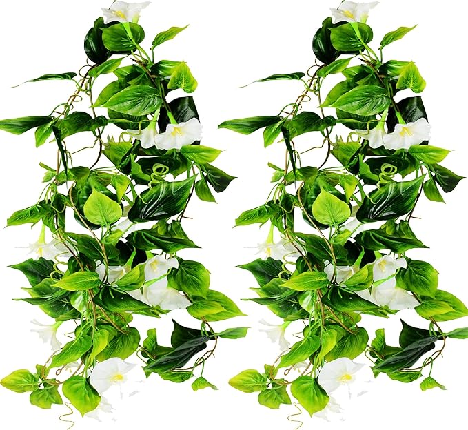 AirSun Artificial Morning Glory Flower Vines, 2pcs 15Feet Hanging Plants Silk Garland Fake Green Plant Home Garden Wall Fence Indoor Outdoor Wedding Birthday Decor