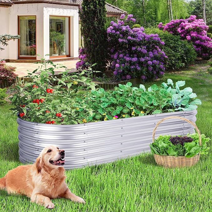 Aoodor Galvanized Raised Garden Bed Kit, 6.6 x 2.6 x 1.4 Ft, Oval Planter Box for Vegetables, Flowers, and Herbs, Outdoor Use, Silver