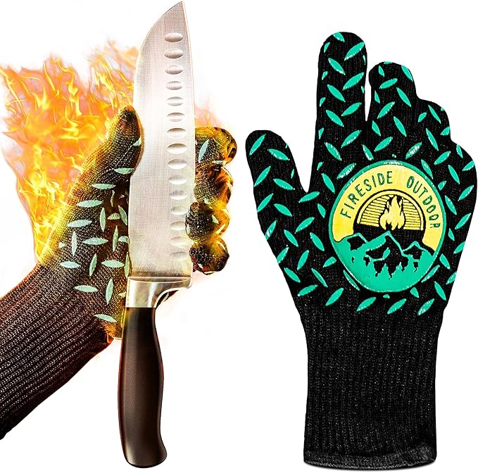 Fireside Outdoor Thermal BBQ Gloves Heat Resistant Cooking - Thermal Grill Gloves, Oven Mitts Heat Resistant, Oven Glove for Campfire Grilling, BBQ Mitts, Meat Smoking Accessories - 932°F Resistance