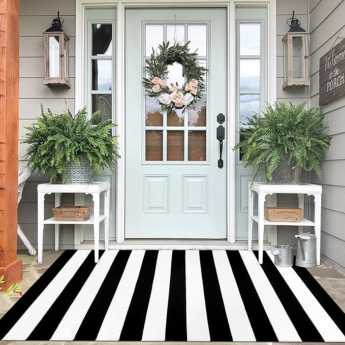 IOHOUZE Black White Striped Rug -4x6 Front Door Mats Outdoor,Washable Rug for Front Porch Decor,Spring Summer Welcome Mats Outdoor Indoor, Doormat for Farmhouse/Entryway/Home Entrance