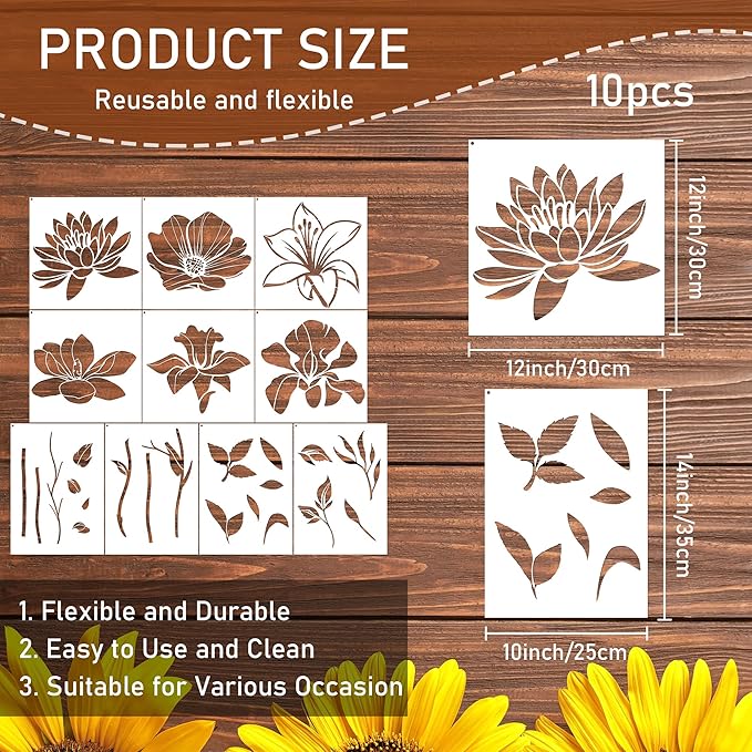 Keluna Large Flower Stencils for Painting - Lotus Iris Lily Giant Flower Stencils Template Garden Wood Fence Fabric Craft