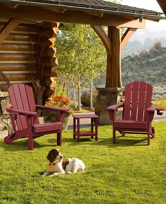 SERWALL HDPE Adirondack Chair Set of 4, Adjustable Adirondack Chair with 3 Recline Positions, Outdoor Adirondack with Cup Holders, Red