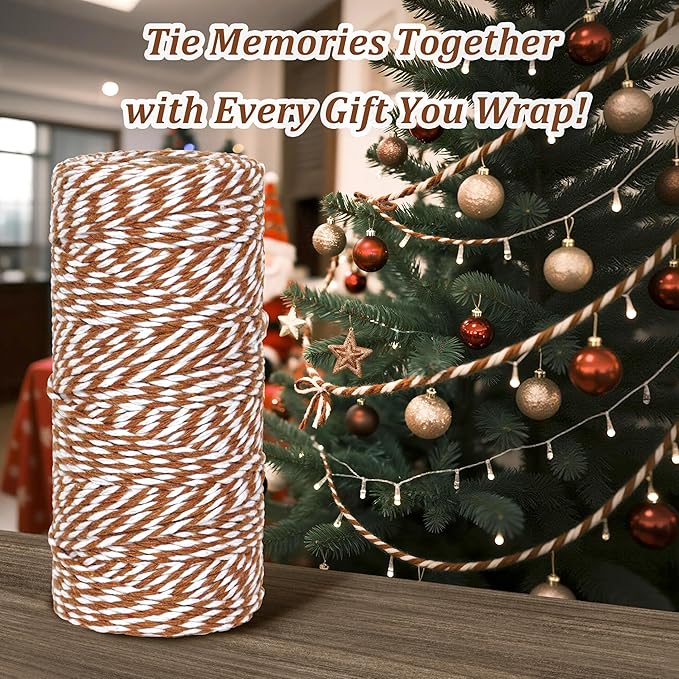 Cotton Twine String, 328 Feet Light Brown & White - Christmas Twine for Gift Wrapping, Crafts, Baking, Butchers, Holiday Decorations, DIY, Kitchen & Gardening