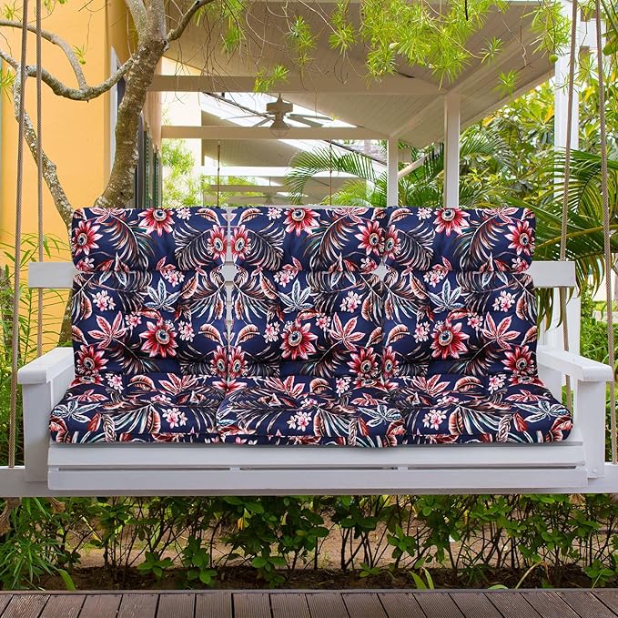 Barydat 4 Pcs Tufted High Back Chair Cushion Indoor Outdoor Seat and Back Cushions Palm Leaves Tropical Plants Lawn Rocking Chair Pads with Ties for Adirondack Patio Garden(Bright Style)