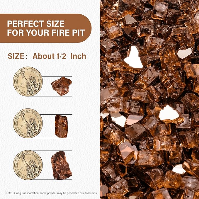 NUPICK 5 Pound Fire Glass, 1/2 Inch Reflective Fire Pit Glass, Tempered Firepit Glass Rock for Propane or Natural Gas, Glass Rocks for Fire Pit Table, Fireplace Glass for Landscaping, Copper