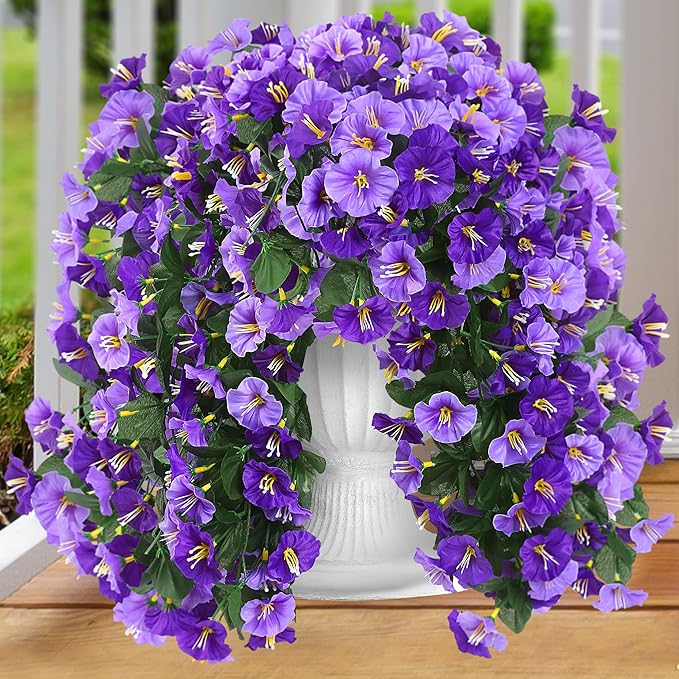 Sggvecsy Artificial Fake Hanging Flowers Plants Outdoor Outside Spring Summer Decoration 2PCS Faux Silk UV Resistant Morning Glory Trailing Vines for Home Porch Patio Balcony(Purple & Light Purple)