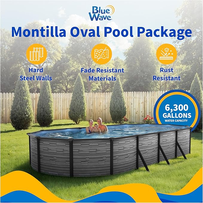 Blue Wave Montilla 12-ft x 24-ft Oval 52-in Deep Above Ground Swimming Pool – Steel Wall & Top Rails, Sand Filter, Skimmer, Liner, A-Frame Ladder & Maintenance Kit – Complete Outdoor Pool Accessories