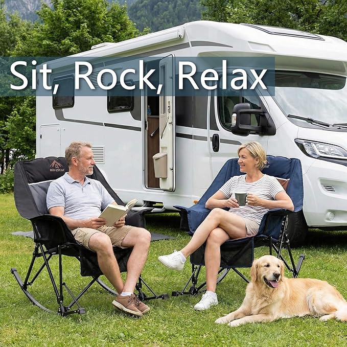 400lbs Rocking Camping Chair, Oversized Heavy Duty XL Folding Rocker for Adults, Padded High Back Big & Tall Support, with Cup Holders & Carry Bag for RV, Lawn, Patio & Sports