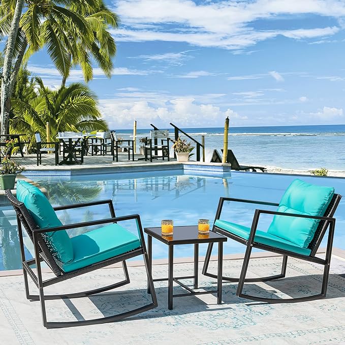 Flamaker Patio Chairs 3 Piece Wicker Rocking Chair Outdoor Bistro Sets with Coffee Table and Cushions Metal Frame Patio Furniture for Porch, Balcony, Lawn (Blue)