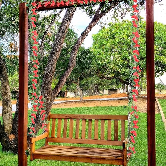 2 Pcs Artificial Flowers Garland for Outdoors Red Faux Gardenia Garland 15.5Ft Silk Rose Hanging Vines Floral for Wedding Arch Party Wall Garden Ceremony Backdrop Fence Spring Decor