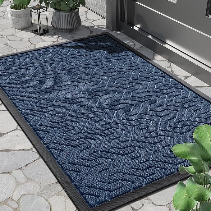 Yimobra Front Door Mat Outside Entrance 29.5x17, Waterproof Heavy Duty Outdoor Mats for Front Door, Non Slip Rubber Entry Mat for Garage Patio Indoor, Blue