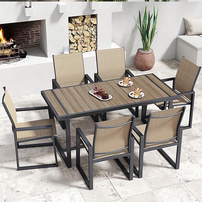 7 Piece Patio Dining Set for 6, Outdoor Furniture Set Includes 67" Rectangle Patio Table and 6 Textilene Dining Chairs, Outdoor Table and Chairs for Outsides, Backyard, Garden and Poolside