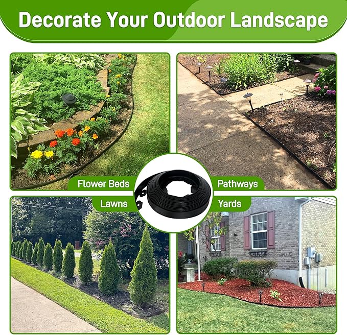 2 Inch x 50FT Landscape Edging Border with 75 Anchoring Spikes, No Dig Garden Border Edging Kit, Plastic Lawn Edging Border for Landscaping Garden Flower Beds Lawn Yard Paver Pathway, Black