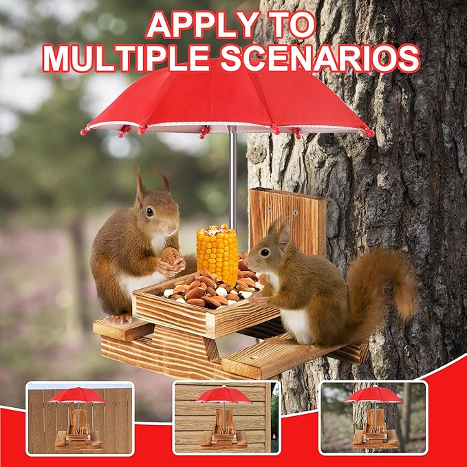 Gnodary Squirrel Feeder with Umbrella, Squirrel Feeders for Outside, Squirrel Picnic Table Feeder - Chipmunk Feeder Hold Corn, Corn Cob, Peanuts Style2 (Red)